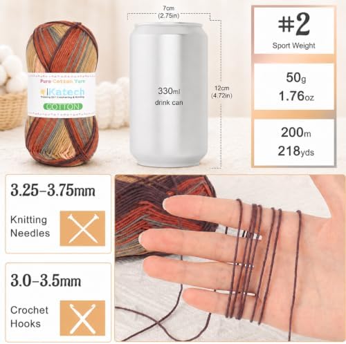 Katech 1OO% Variegated Cotton Yarn for Crocheting-2 Sport Weight Baby Yarns
