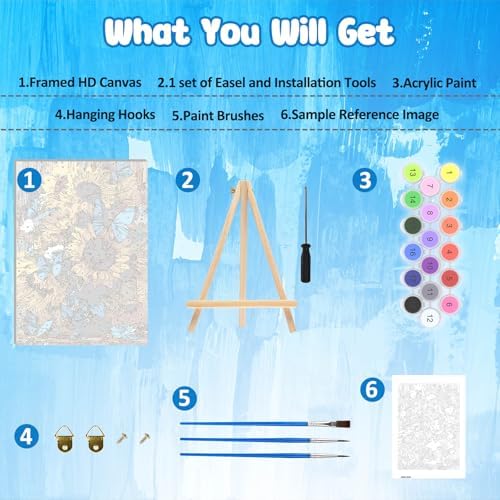 MAXBYE Framed Paint by Numbers Kits for Adults Beginners with Wooden Easel, Sunflower Crafts Art Kit with Frame, DIY Butterfly Canvas by Numbers for Gift Home Wall Decor 10×14 in