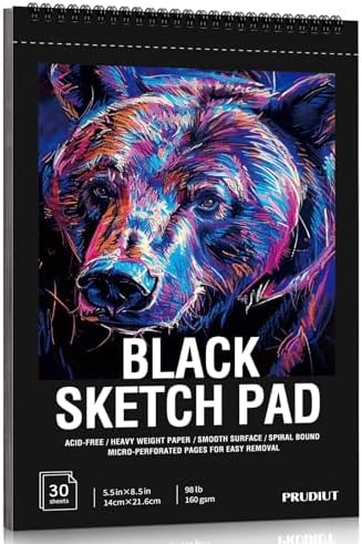Black Paper Sketchbook 5.5 × 8.5 in, 30 Sheets, 160gsm Spiral Bound | Acid-Free 98Lb Black Paper, Top Spiral, Tear-Off Pages, Hardcover, for Colored Pencil, Chalk & Metallic Markers