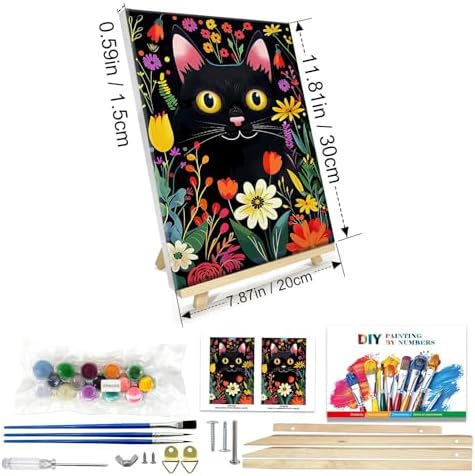 JOOZ Paint by Numbers Kit for Adults with Frame, Black Cat Paint by Number with Easel, DIY Flowers Oil Painting by Numbers Black Cat, Easy Adult Paint by Number Kits Canvas for Wall Decor 8x12 Inch
