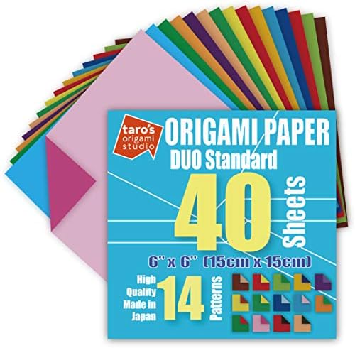 [Taro's Origami Studio] Duo (Diffrent Colors On Each Side) Double Sided Standard 6 Inch (15 cm) Kami Paper with 14 Color Change Patterns, 40 Sheets (Made in Japan)