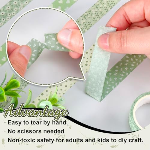 Whaline 12 Rolls Sage Green Floral Washi Tape Masking Tape Set Flower Leaves Plaid Striped Decorative Wrapping Paper Tapes Boxed for Wedding Scrapbook Journal DIY Crafts