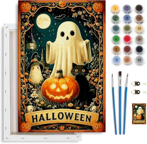 Spandrel Cute Halloween Ghost Paint by Number Kits for Adults, Black Cat Paint by Number Kits on Canvas, DIY Acrylic Oil Halloween Painting by Numbers Gitfs for Home Wall Decor, 8x12in