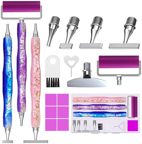 ZYNYXY 17PCS Ergonomic Diamond Art Pen Kits, with Multifunctional Metal Stainless Steel Screw Thin 1, 3, 6, 9, Tips, Correction Placers Roller Accessories (B Purple+ Pink+ Blue+ 5 PCS Tips)