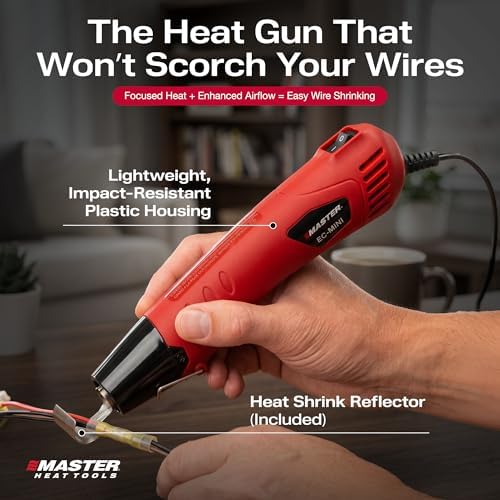 Master Appliance EC-MINI Heat Gun for Crafts, Shrink Wrap, Heat Shrink Tubing, Wire Connectors, Electrical Connectors, Epoxy Resin, Candle Making Heatgun, Embossing Hot Air Gun w/Heat Shrink Reflector