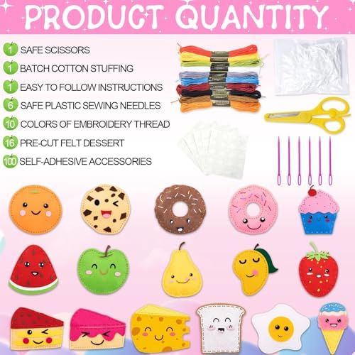 ZOIIWA 16 Sets Food Themed Sewing Kit for Kids Fun Craft for Boy Girl Age Felt Fruit Plush Craft Kit Learn to Sew Educational Beginners Sewing Stuffed Ornament for Back to School Birthday Party Gift
