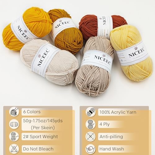NICEEC 300g Soft Assorted Colors Yarn 100% Acrylic 870yds -Yellow Series