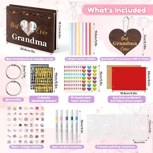 CY2SIDE Best Grandma Ever Album Scrapbook - Mother’s Day Wooden Scrapbook Craft Kit, DIY Photo Memories Book with 30 Pages Birthday Gift for Mother’s Day, DIY Handmade Scrapbook Gift for Grandmother