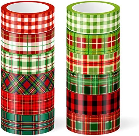 Whaline 12 Rolls Christmas Washi Tape Buffalo Plaid Pattern Red Black Green Xmas Holiday Masking Tape for Scrapbook Journal DIY Craft Gift Wrapping