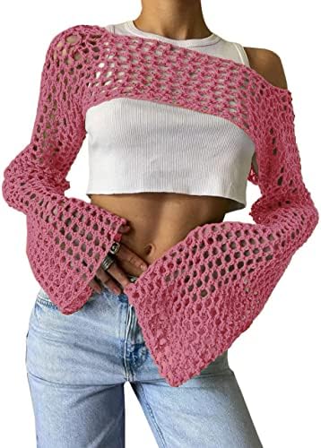 KEOMUD Women Crochet Tops Y2K Hollow Knit Bolero Shrug