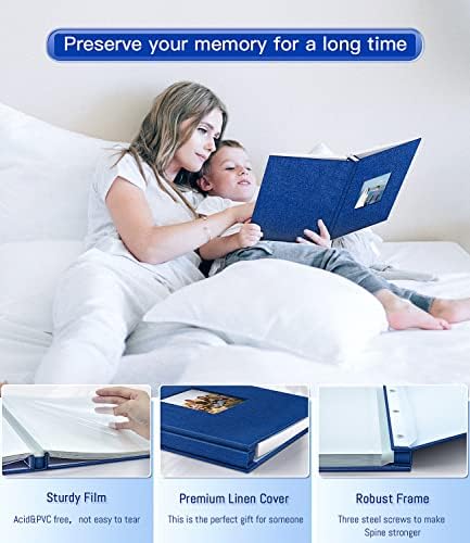 Popotop Photo Album Self Adhesive with Picture Display Window,40 Pages DIY Scrapbooking Supplies Kit for 4x6 8x10 Picture,Linen Cover Memory Book for Baby Wedding, with Scraper and Metallic Pen