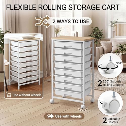 Rolling Cart with 8 Drawers, Rolling Storage Cart with Wooden Tabletop and Lockable Wheels, Craft Storage Cart for Living Room, Office, Classroom, Craft Room, Bedroom, Craft Organization and Storage