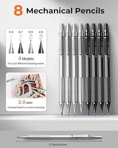 STAGEEK 45PCS Black & Silver Metal Mechanical Pencil Set in Leather Case | 8PCS Art Drafting Pencils, 0.5, 0.7, 0.9, 2.0MM Mechanical Drawing Pencils, 28 Tube (6B 4B 2B HB 2H 4H & Colors) Lead Refills