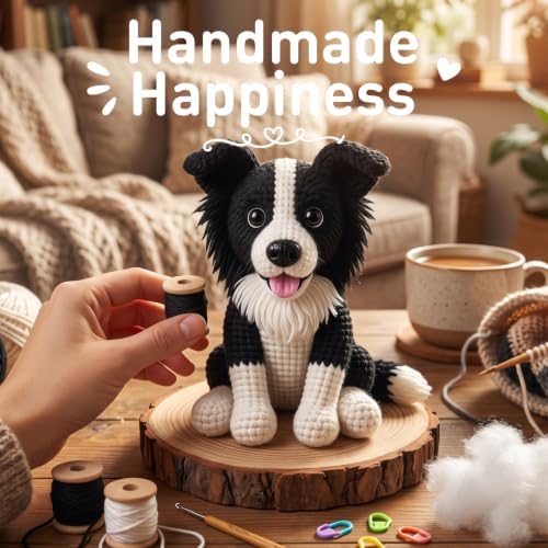 FACE N FACE DIY Crochet Border Collie Dog Kit for Beginners–Amigurumi Stuffed Dog Knitting Kit with Yarn, Hook, Safety Eyes & Step-by-Step Instructions–Easy Beginner Crochet Craft for Dog Lovers