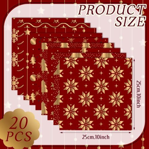 HunnmingRe 20 Pcs 10''x10'' Red Gold Christmas Quilting Fabric Square Winter Precuts Quilted Fabric Bundle Reindeer Snowflake Printed Sewing Material for Patchwork Scrapbook Junk Journal DIY Craft