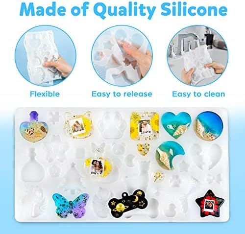 Mocoosy 182Pcs Resin Molds Silicone Kit for Keychains, 32 Cavities Silicone Molds for Epoxy Resin Casting, Variety Shaped Resin Key Chain Molds Making Set DIY Ornaments Crafts Supplies