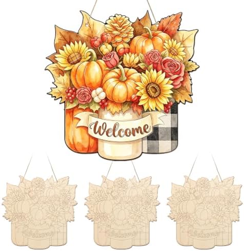 Unfinished Fall Wreaths Wood Crafts to Paint Set of 3, 11" Bulk Autumn Leaves Pumpkin Wreath Ornaments for Painting, Unfinished Wood Cutouts DIY Ornaments for Front Door with Ropes