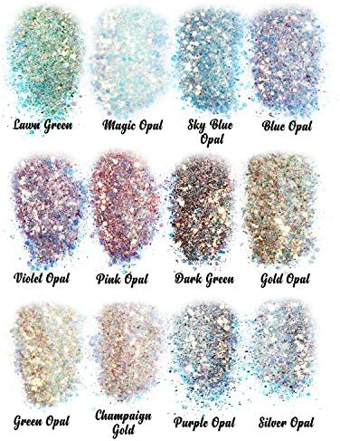 LET'S RESIN Opal Chunky Glitter for Resin, 12 * 10g Craft Glitter Powder | for Tumblers /Slime, Iridescent Chameleon Glitter Sequins Festival Decor(Each 0.35oz)