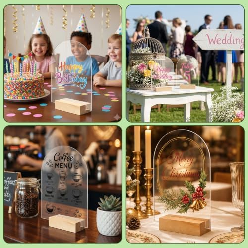 Bercoor 20 Pack 4x6 Inch Blank Clear Arch Acrylic Sign with Wooden Stands, Arched Round Top Acrylic Sheet, DIY Acrylic Arch Table Numbers for DIY Name Card Gifts Event Party Sign Decoration
