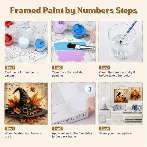 KYOQFVN 4 Pack Paint by Numbers Kit for Adults with Frame - Pumpkin Halloween Paint by Number - Witch Hat Painting by Number Kits, DIY Acrylic Oil Painting Kits for Home Wall Decor (8X8inch)