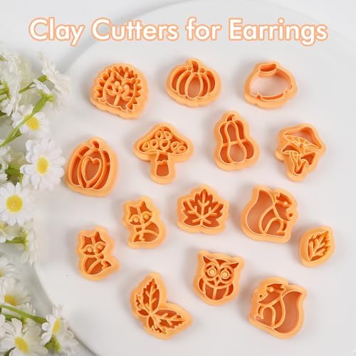 Puocaon Fall Polymer Clay Cutters - 15 Pcs Fall Themed Pumpkin Maple Leaf Mushroom Owl Fox for Earrings Jewelry Making Autumn Clay Earrings Cutters