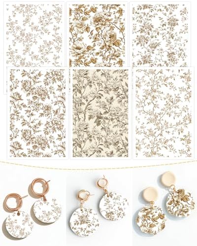 Puocaon Brown Flower Clay Transfer Paper - 18 Pcs Traditional Chinoiserie Art Design Transfer Sheets for Polymer Clay Brown Floral Earrings Design Jewelry Making