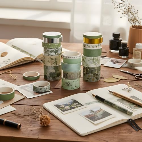 Washi Tape Set, 24 Rolls Vintage Washi Stickers, Assorted Sizes, for Junk Journal Scrapbook Tape, Bullet Journaling Scrapbooking Supplies, Planner Sticker DIY Craft DéCor (Green)
