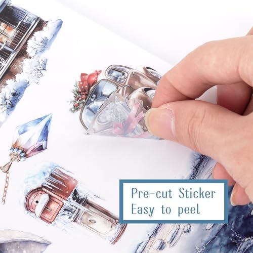 Precut Winter Aesthetic Scrapbook Sticker Book, 20 Sheets People Landscape Animal Snowflake Journaling Supplies for Adults Card Making Collage (Blue)