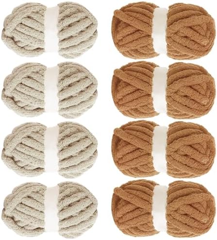 MABOZOO Assorted Chunky Yarn for Hand Knitting 8 Pack, Fluffy Jumbo Chenille Yarn, Soft Plush Yarn Bulky, Giant Thick Fuzzy Yarn for Arm Knitting,Khaki & Coffee(31.7 yds,8 oz Each Skein)