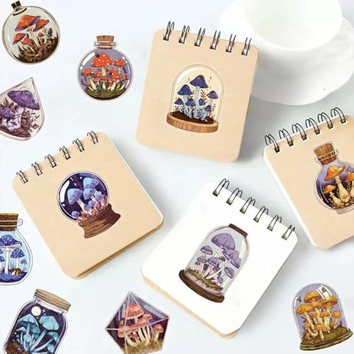 50pcs PET Vinyl Stickers Scrapbook, Self-Adhesive Waterproof Vinyl Sticker for Laptops, Aesthetic Decor Journal Stickers Planner Accessories for Luggage, Water Bottles.Mushroom Bottle