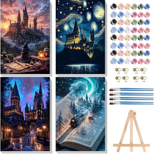 4 Pack Magic Castle Paint by Numbers Kit for Adults with Framed 8x12 inch