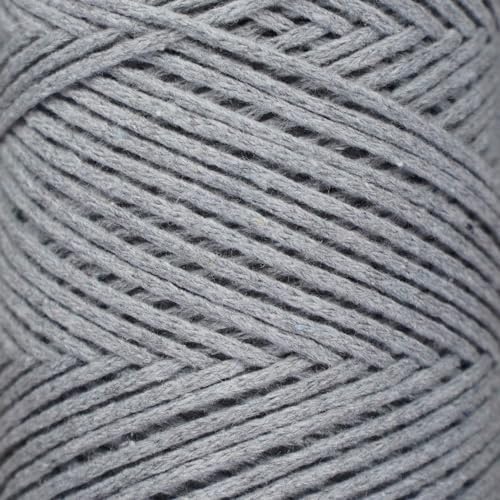 Makromecity, Cotton Macrame Cord 2mm x 195 Yards (590 feet) 2mm Recycled Cotton Crochet Yarn for Macrame Art & Crafts for Wall Hangings, Bags, Underplate, Rug (25 Colors Available) (Grey)