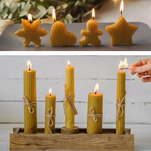 Beeswax Sheets for Candle Making, 30Pcs DIY Beeswax Candles Rolling Kit for Kids & Adults, Natural Honeycomb Sheets (8 x 8 Inch) with Cotton Wick, Bee Ornaments, Lace Ribbon and Hemp Rope