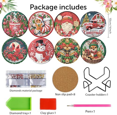 8 Pcs Christmas Diamond Art Painting Coasters Kits,Winter Snowman Coaster with Holder for Adults, Non-Slip DIY Dot Paint Craft Kits,5D Full Drill DIY Diamond Dot Gem Art Kit Home Decor Arts Craft