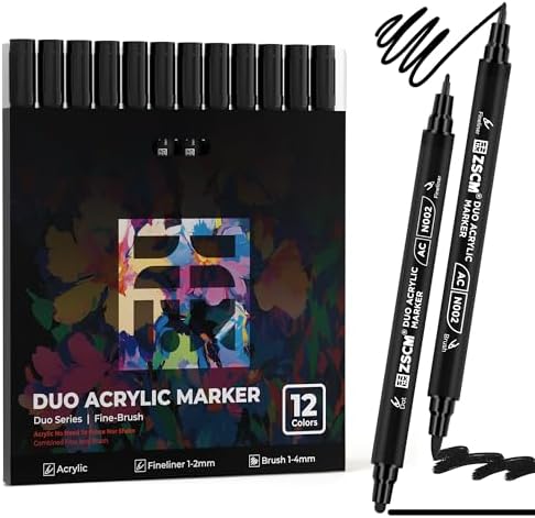 ZSCM 12 Black Acrylic Paint Markers, Dual Fine & Brush Tip Acrylic Pens