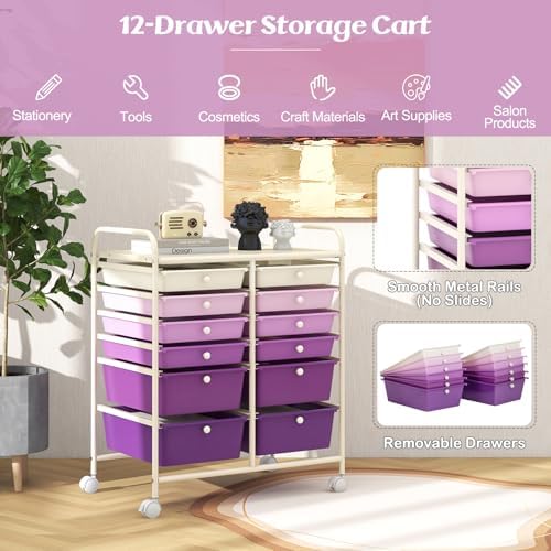 LDAILY 12 Drawer Rolling Storage Cart, Craft Cart Organizer on Wheels with Metal Frame, Large Capacity & Smooth Drawers for Living Room, Classroom, Office (Gradient Purple)