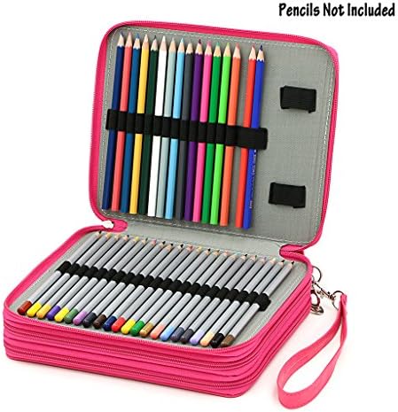 BTSKY Deluxe PU Leather Pencil Case For Colored Pencils - 120 Slot Pencil Holder with Handle Strap Handy Colored Pencil Box Large (Rose Red)
