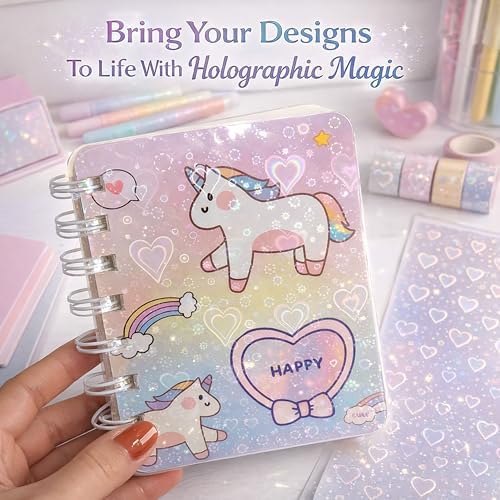 Bleidruck 25 Sheets Hearts Clear Holographic Laminate Sheet Adhesive Paper | Transparent Cold Laminate Sheets Holographic Sticker Paper A4 Waterproof for Documents, Photos, Festivals, No Machine Needed