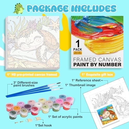 GEEHEIY Paint by Numbers Kit for Kids with Frame, Sea Turtle, No Easel