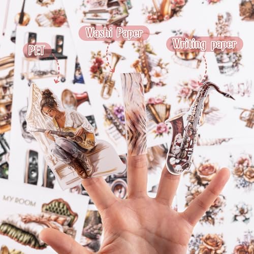 Dizdkizd Die Cut Music Stickers for Scrapbooking Journaling, 183 PET and Paper Sticker Book Art Decals for Planner, Collage, Mixed Media, Junk Journal Stickers