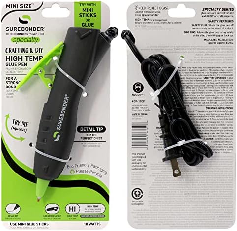 Surebonder GP-100F Ergonomic Detail Tip Mini-Size Hot Glue Pen for Precision Crafting and Repairs, 10 Watts, Corded, Black