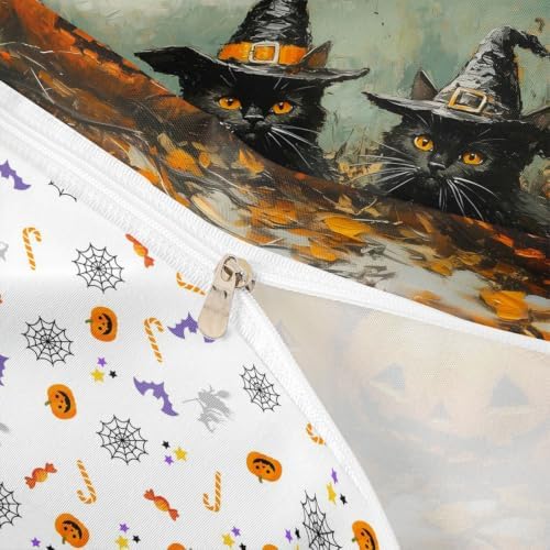 Erosebridal Halloween Black Cat Duvet Cover King Size Witch Hat Pumpkin Bedding Set for Adults Teens Women Horror Halloween Comforter Cover Vintage Oil Painting Bedclothes Room Decor