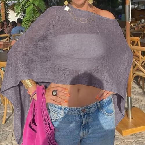 Nicoxijia Women Y2K Sheer Knit Poncho Top Lightweight Summer Beach Knit Shrug Shawl Bolero Off Shoulder Mesh Sweater Cover Up