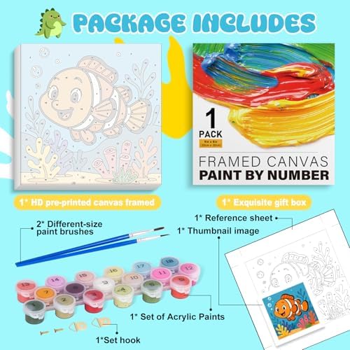 Paint by Numbers Kit for Kids with Frame, Fish Painting, No Easel, 8"x 8"