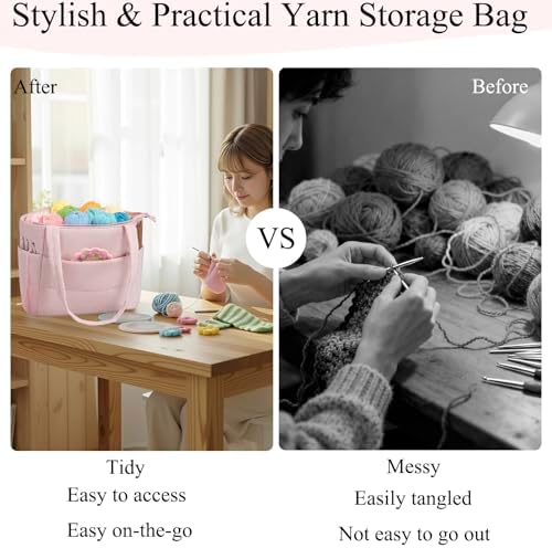 Crochet Bag for Yarn Storage, Puffer Knitting Bag with Soft Handles, Lightweight Yarn Storage Organizer with Zipper for Crochet Accessories, Gifts for Crocheters (Pink)