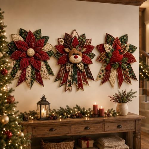 Festive Quilted Christmas Door Hanging DIY Sewing Kit, Christmas Quilted Bow DIY Kit with Fabric, Batting, Thread, Templates & Instructions, Patchwork Hanging Decor Kit for Door Wall Display