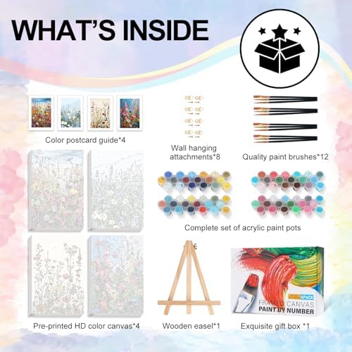 4 Pack Framed Paint by Numbers Kit for Adults Wildflowers with Wooden Easel | With Frame Canvas, Flowers DIY Acrylic Painting, For Adults Beginner, Stress Relief Craft Kits, Home Wall Decor Gift, 8x12 IN
