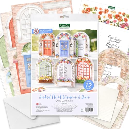 Katy Sue Arched Floral Windows & Doors Card Making Kit, Makes 12 Handmade Cards – inc Die Cut Cards, Decoupage, Envelopes, Foam Pads, Verse Stickers & Instructions, for Card Making & Papercrafting