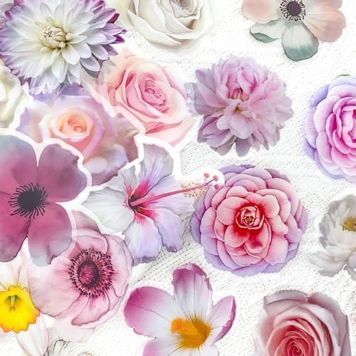 50PCS Pink Flower Stickers – Aesthetic Clear Waterproof Floral Stickers for Scrapbooking, Journaling, Planners, Crafts, Card Making, Art Projects