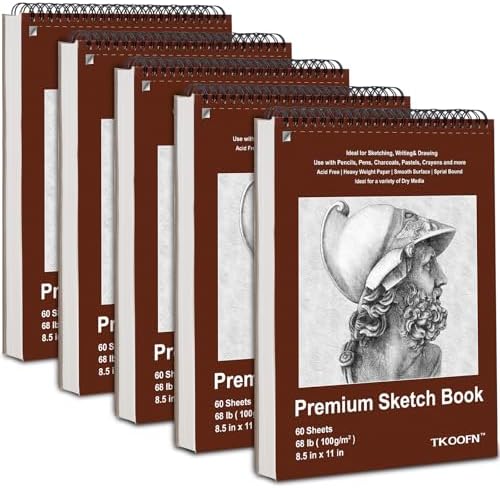 TKOOFN 5 Pack 8.5" x 11" SketchBooks Bulk,Top Spiral Bound Sketchbook